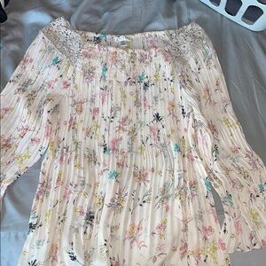 Spense Pleated Pink and Green 3/4 Sleeve Blouse